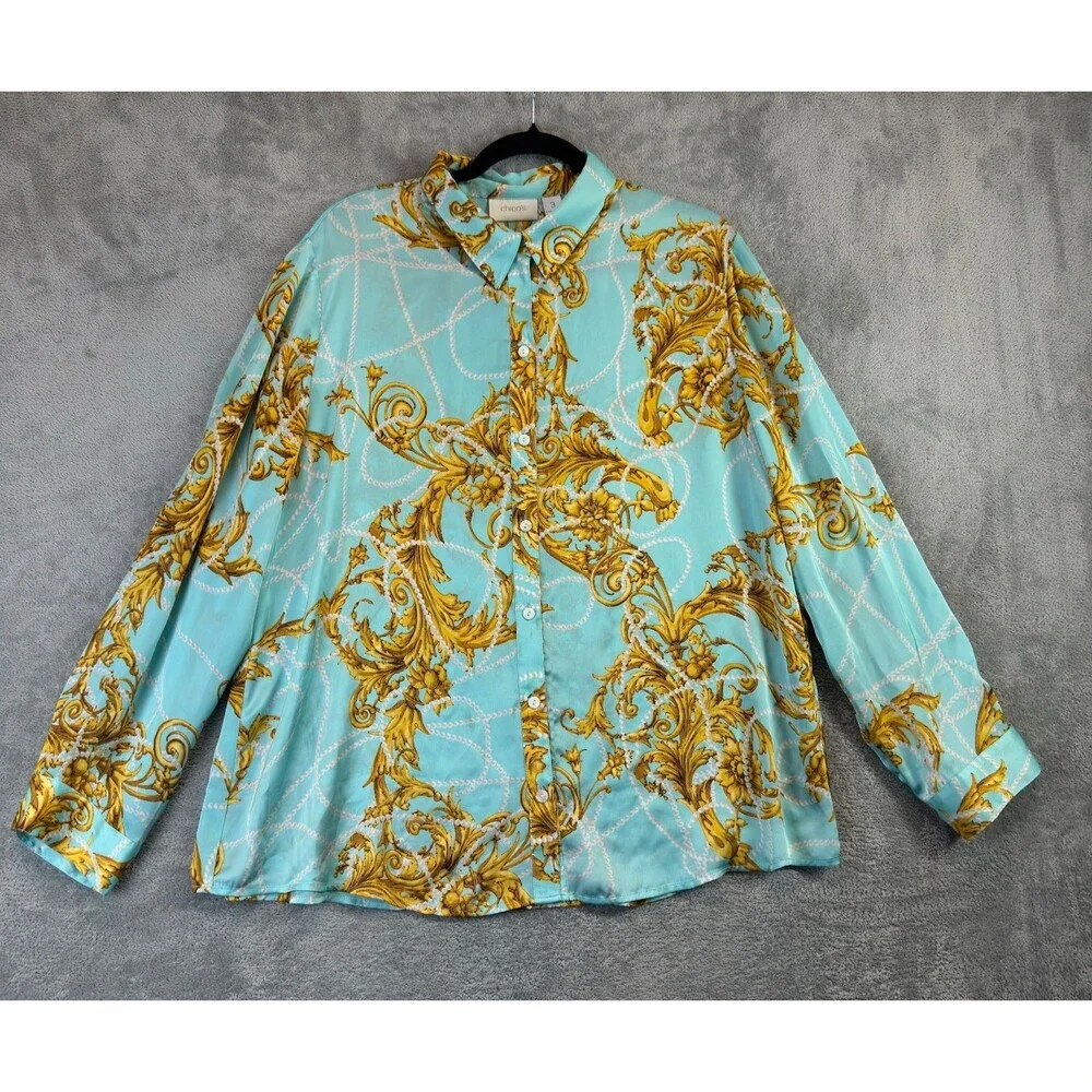 Chicos Shirt Blouse Womens 3 Turquoise Gold Baroque Chain Satin Button Down Silk